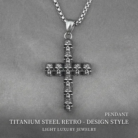 Collier Pendentif Croix Crâne en Acier Titane Gothique Vieilli Punk Hip Hop Bijoux Rétro Chaîne en Acier Inoxydable pour Hommes Femmes
