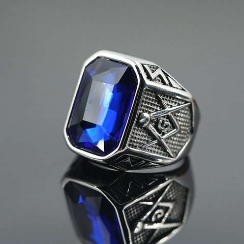 Vintage Masonic Freemason Stainless Steel Ring For Men Hip Hop Punk Rectangular Rhinestone Signet Ring Square Compasses G Letter Jewelry Gift