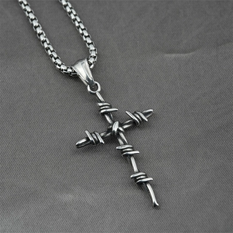 Vintage Punk Barbed Wire Wrapped Cross Pendant Necklace Men Titanium Steel Distressed Gothic Industrial Religious Jewelry Box Chain Gift