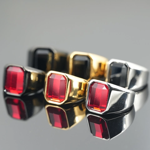 Vintage Polished Titanium Steel Rectangular Rhinestone Ring For Men Fashion Bold Stainless Steel Band Ring Business Jewelry Gift