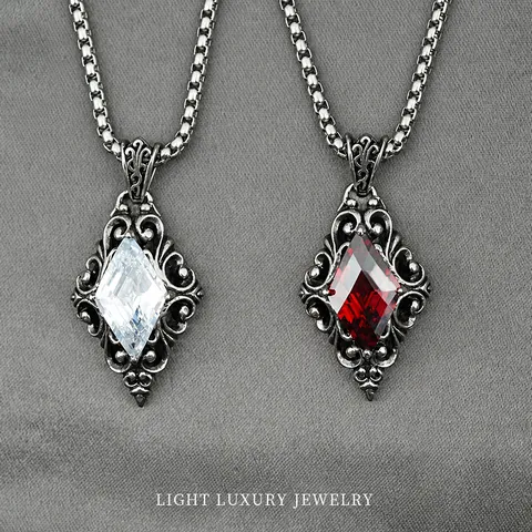 Vintage Gothic Rhombus Pendant Necklace Titanium Steel Rhinestone Inlaid Retro Carving Jewelry For Men Women Unisex Accessory