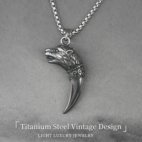 Vintage Wolf Head Tooth Pendant Necklace Stainless Steel Punk Viking Style Domineering Men Jewelry Sweater Chain Accessory