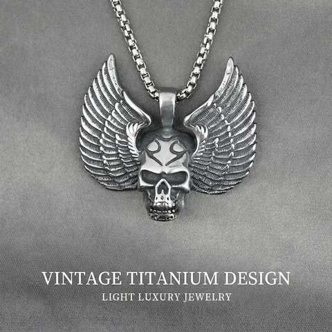 Vintage Edelstahl Totenkopf Flügel Anhänger Halskette Für Herren Gothic Punk Rock Retro Skelett Kopf Schmuck Mit Boxkette