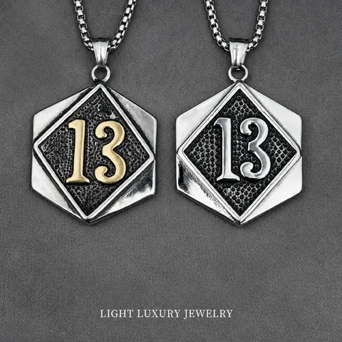 Titanium Steel Number 13 Hexagon Shield Pendant Necklace For Men Hip Hop Punk Biker Industrial Style Retro Jewelry Gift