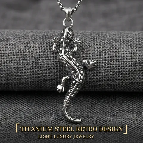 Retro Gecko Titanstahl Anhänger Halskette Für Herren Damen Distressed Tier Textur Punk Hip Hop Schmuck Geschenk Box Kette Halskette