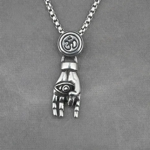 Vintage Titanium-Stahl Böser Blick Hand Anhänger Halskette Mit Om-Symbol Antiksilber Punk Rock Schmuck Für Herren Damen