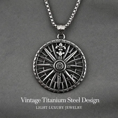 Collana con Ciondolo a Bussola Vintage in Acciaio Inossidabile per Uomo Argento Antico Giglio Astrolabio Nautico Gioielli Gothic Punk