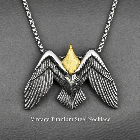 Vintage Titanium Steel Eagle Pendant Necklace For Men Bi-Color Wing Distressed Design Bold Fashion Jewelry Sweater Chain Accessory
