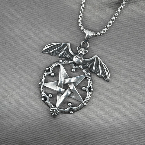 Collar con Colgante de Pentagrama de Murciélago Gótico de Acero Inoxidable Joyería Vintage para Fiesta de Halloween Hombre Mujer