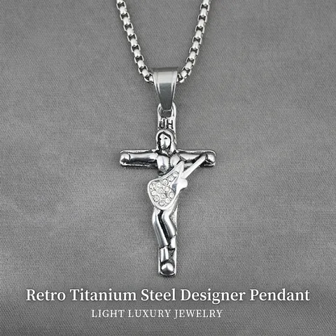 Retro Rock Gitaar Jezus Kruis Hanger Ketting Voor Heren Titanium Staal Ingelegde Strass Hip Hop Religieuze Sieraden