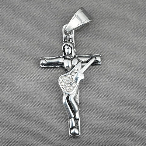 Retro Rock Gitaar Jezus Kruis Hanger Ketting Voor Heren Titanium Staal Ingelegde Strass Hip Hop Religieuze Sieraden