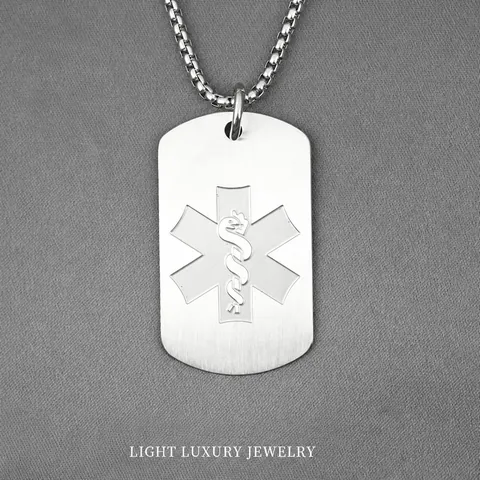 Titanium Steel Medical Alert Dog Tag Necklace Star Of Life Emergency Identification Pendant Brushed Finish For Men Women