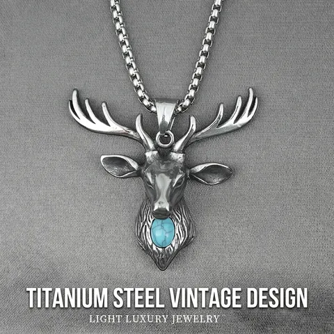 Collana Con Ciondolo Testa di Cervo in Acciaio Inossidabile Retro Con Turchese Sintetico Catena Veneziana Argento Antico Gioielli Regalo