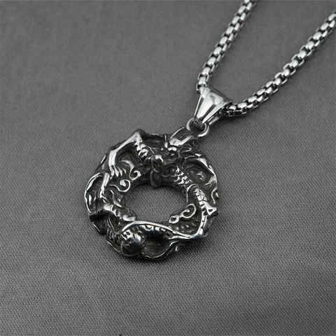 Vintage Stainless Steel Dragon Circle Pendant Necklace Men Retro Carved Relief Dragon Punk Hip Hop Jewelry Gift