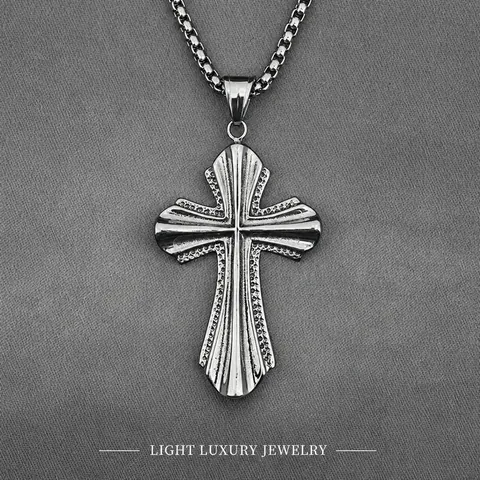 Vintage Stainless Steel Cross Pendant Necklace For Men Retro Embossed Sunburst Religious Punk Gothic Jewelry Accessory