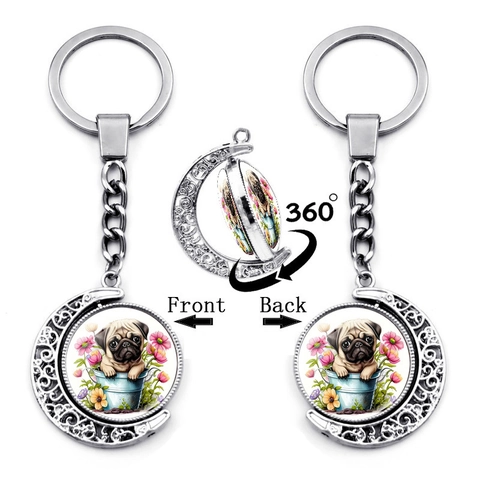 Rotierender Mops Hund Mond Schlüsselanhänger Silber Zinklegierung Glas Cabochon Spinne Mond Welpen Schlüsselring Tasche Charme Geschenk
