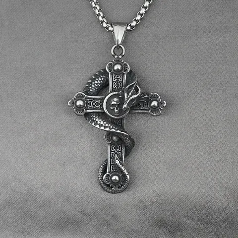Collana Pendente Croce Drago Gothic Vintage per Uomo Acciaio al Titanio Teschio Punk Hip Hop Retro Gioielli Regalo