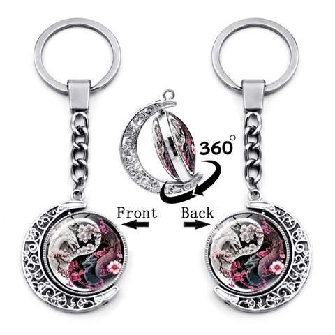 Portachiavi Luna Rotante a Doppia Faccia Drago Yin Yang Tai Chi Lega di Zinco Cabochon in Vetro Motivo Fiori di Ciliegio