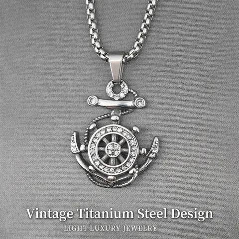 Collar de Colgante de Ancla y Timón de Acero de Titanio Vintage con Incrustación de Diamantes de Imitación Joyería Náutica Hombre Mujer Plata Envejecida