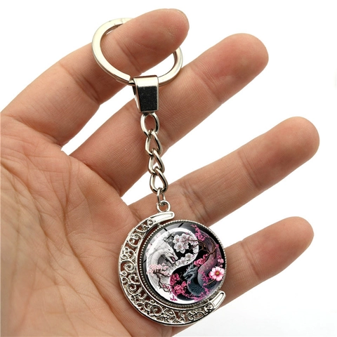 Portachiavi Luna Rotante a Doppia Faccia Drago Yin Yang Tai Chi Lega di Zinco Cabochon in Vetro Motivo Fiori di Ciliegio