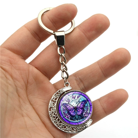 Porte-Clés Rotatif Double Face Lune Papillon en Alliage de Zinc Anneau en Métal Avec Pendentif Cabochon en Verre Violet