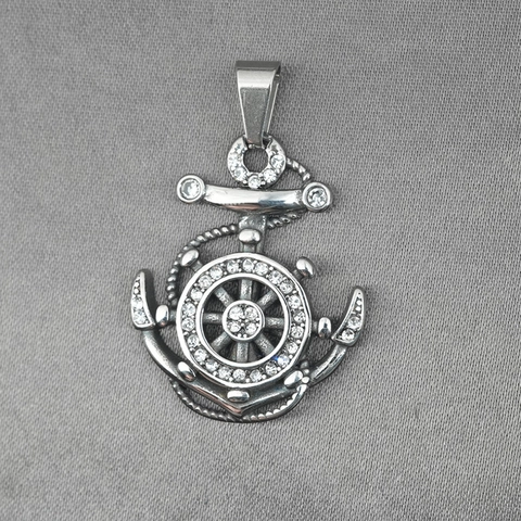 Collar de Colgante de Ancla y Timón de Acero de Titanio Vintage con Incrustación de Diamantes de Imitación Joyería Náutica Hombre Mujer Plata Envejecida