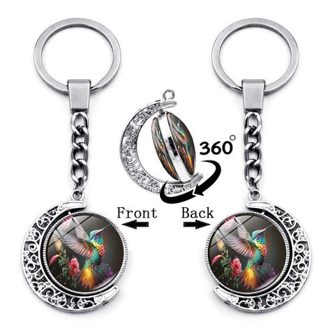 Kolibri Mond Rotierender Schlüsselanhänger Doppelseitiger Glasstein Zinklegierung Mond Anhänger Schlüsselring Für Geschenk Dekoration