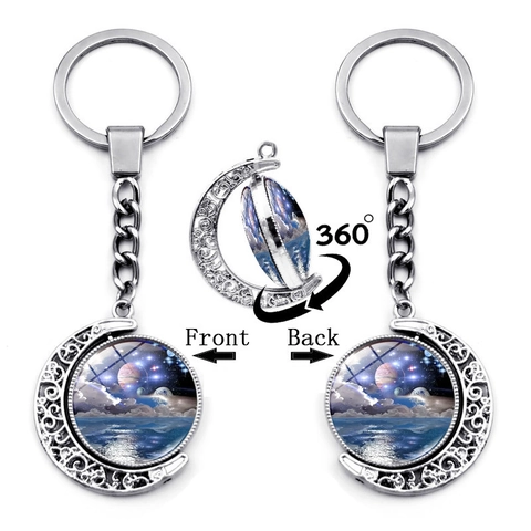Portachiavi a Luna Rotante Galassia Cielo Stellato Ciondolo a Mezzaluna Cava a Doppia Faccia Portachiavi in Vetro Cabochon per Regalo Borsa