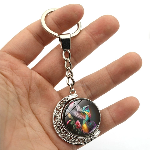 Kolibri Mond Rotierender Schlüsselanhänger Doppelseitiger Glasstein Zinklegierung Mond Anhänger Schlüsselring Für Geschenk Dekoration