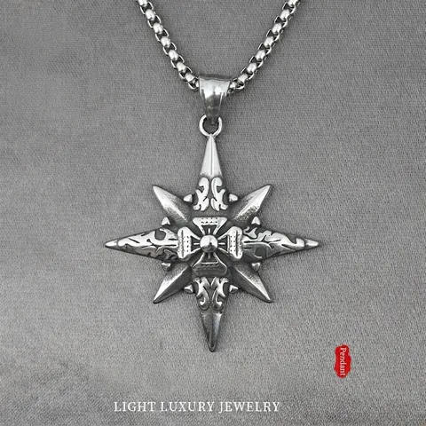 Collana con Pendente a Stella a Otto Punte in Acciaio al Titanio Vintage Retro Gotico Croce Goffrata Gioielli Punk per Uomo Donna