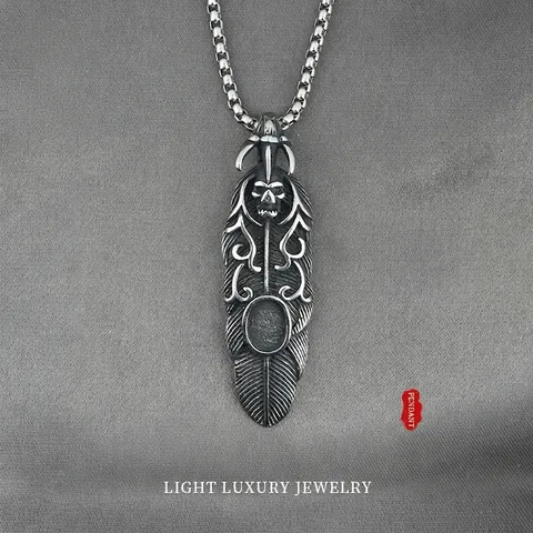 Gothic Punk Feather Skull Pendant Necklace Stainless Steel Retro Distressed Finish Hip Hop Jewelry For Men Box Chain Necklace