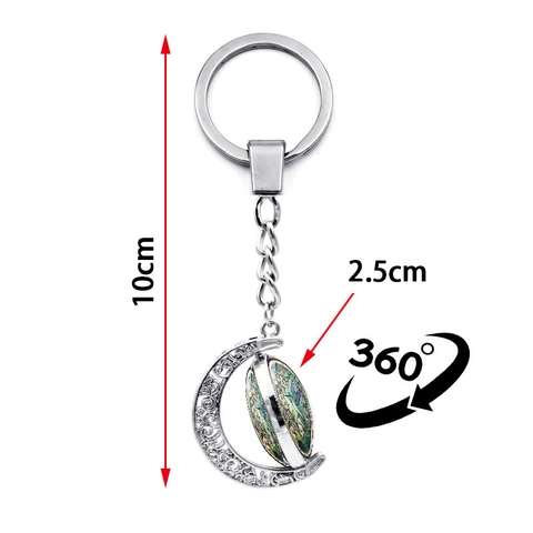 Roterende Maan Kolibrie Bloemen Sleutelhanger Zinklegering Glas Cabochon 360 Graden Draaiende Sleutelring Tas Auto Hanger Kunst Cadeau