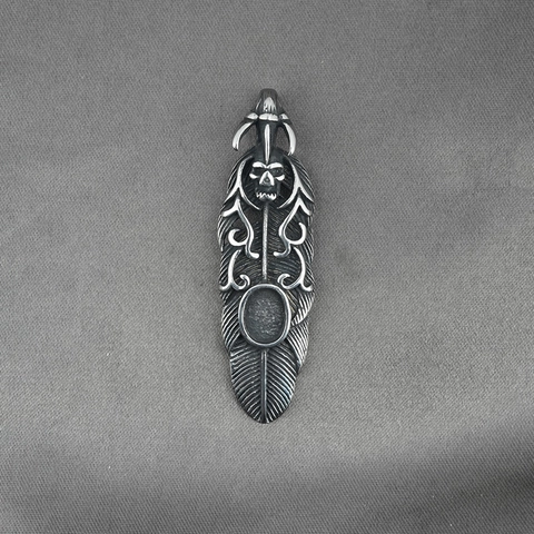 Gothic Punk Feather Skull Pendant Necklace Stainless Steel Retro Distressed Finish Hip Hop Jewelry For Men Box Chain Necklace