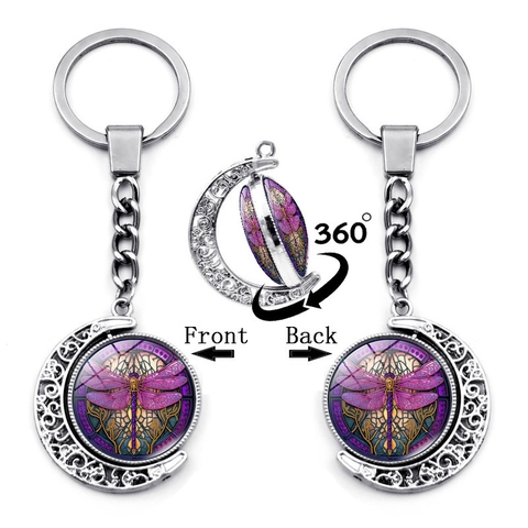 Doppelseitiger Rotierender Mond Schlüsselanhänger Lila Libelle Glas Legierung Schlüsselring Für Tasche Damen Herren Schmuck