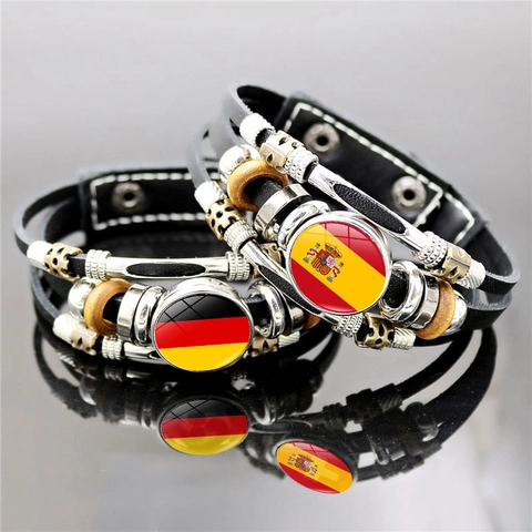 Vintage Retro Punk Multilayer Braided Artificial Leather Bracelet Alloy Wood Beads National Flag Glass Cabochon Wristband
