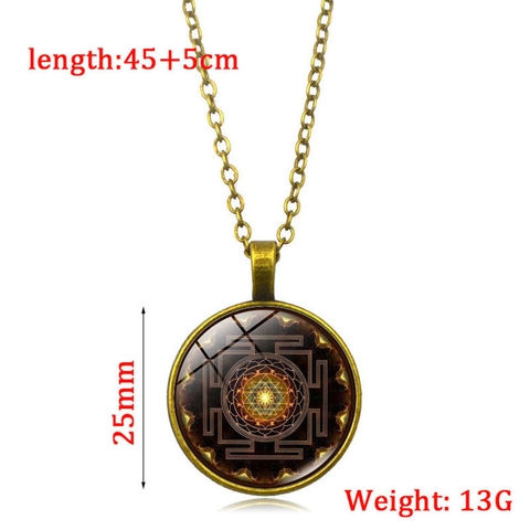 Collier Pendentif Mandala Fleur de Vie en Alliage de Bronze Vintage Cabochon en Verre Bijoux Géométrie Sacrée Femme