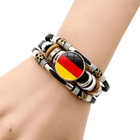 Vintage Retro Punk Multilayer Braided Artificial Leather Bracelet Alloy Wood Beads National Flag Glass Cabochon Wristband