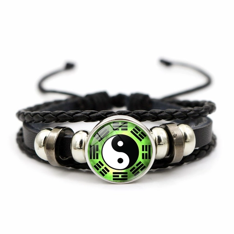 Bracciale in Pelle Intrecciata Multistrato Yin Yang Tai Chi Otto Trigrammi con Ciondolo in Vetro Punk Retro Gioielli in Lega Unisex