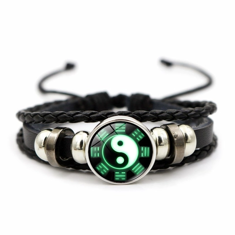 Bracciale in Pelle Intrecciata Multistrato Yin Yang Tai Chi Otto Trigrammi con Ciondolo in Vetro Punk Retro Gioielli in Lega Unisex