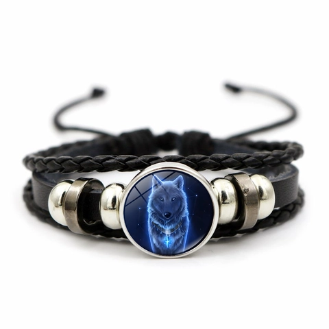 Bracciale Unisex in Ecopelle Intrecciata Multistrato Vintage Punk Con Cabochon in Vetro Testa di Lupo Gioiello Gotico