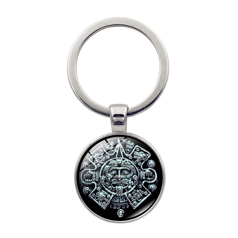 Vintage Aztekischer Sonnenstein Maya Kalender Schlüsselanhänger Zinklegierung Glas Cabochon Kultur Totem Anhänger Schmuck Geschenk