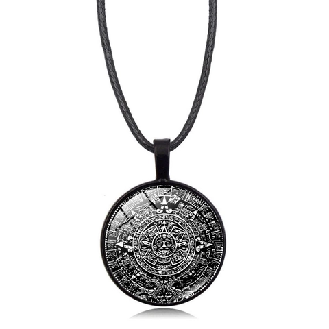 Vintage Antik Maya Aztekischer Kalender Anhänger Halskette Legierung Glas Zeitstein Rund Sonnestein Schmuck Damen Herren Pulloverkette