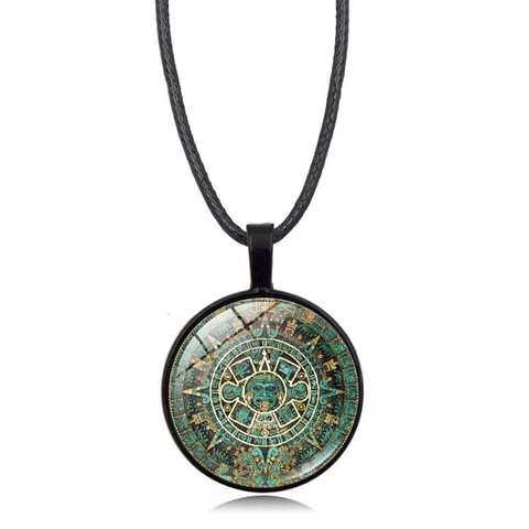 Vintage Antik Maya Aztekischer Kalender Anhänger Halskette Legierung Glas Zeitstein Rund Sonnestein Schmuck Damen Herren Pulloverkette
