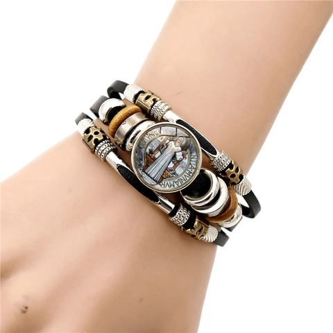 Vintage Sint Benedictus Medaille Meerlaags Punk Leren Armband Voor Mannen Vrouwen Religieuze Handgemaakte Houten Kralen Sieraad