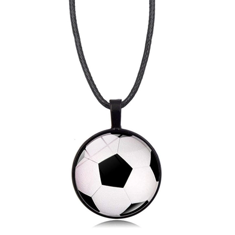 Sport Ball Theme Time Gem Round Pendant Necklace Alloy Glass Ball Pattern Black Leather Cord For Soccer Fans Jewelry