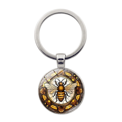 Portachiavi in Metallo con Cabochon in Vetro Motivo Ape Vintage Rotondo Bronzo Argentato Portachiavi Pendente Borsa Regalo Creativo