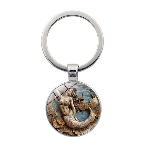 Portachiavi in Metallo Vintage Mermaid Time Gem Ciondolo Rotondo in Lega di Zinco Vetro Retro per Borsa Auto Gioiello Accessorio