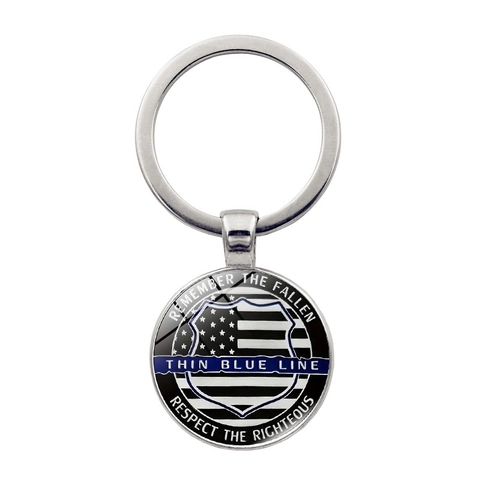 Thin Blue Line Politie Challenge Coin Sleutelhanger Zinklegering Glas Schild Amerikaanse Vlag Herdenkings Metaal Sleutelring