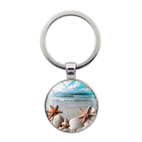 Porte-clés Rond en Alliage de Zinc Plage d'Hawaï Étoile de Mer Thème Océan Créatif Pendentif en Métal Gemme de Temps pour Sacs et Clés