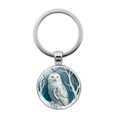 Portachiavi Vintage in Lega di Zinco Gufo delle Nevi Con Cabochon in Vetro Bronzo Antico Argento Metallo Tondo Ciondolo Portachiavi Gioielli Regalo